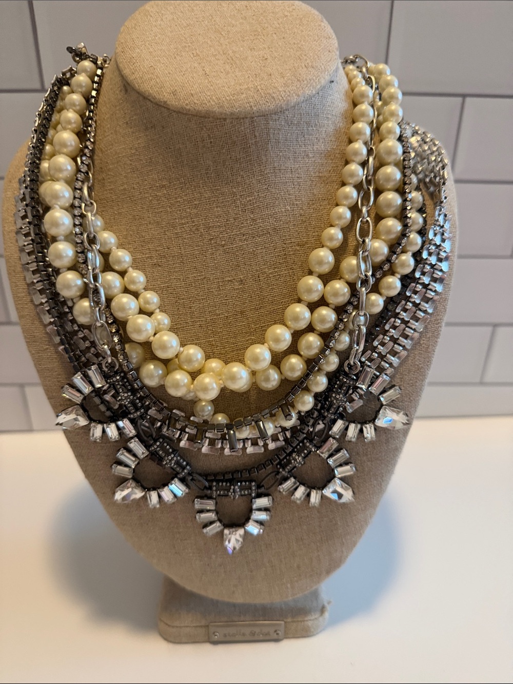 Stella & Dot Ivory Pearl and Silver Crystal Layered Necklace
